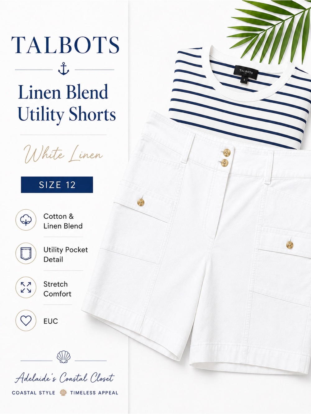 Talbots White Linen Blend Utility Shorts Size 12 Cotton Stretch EUC